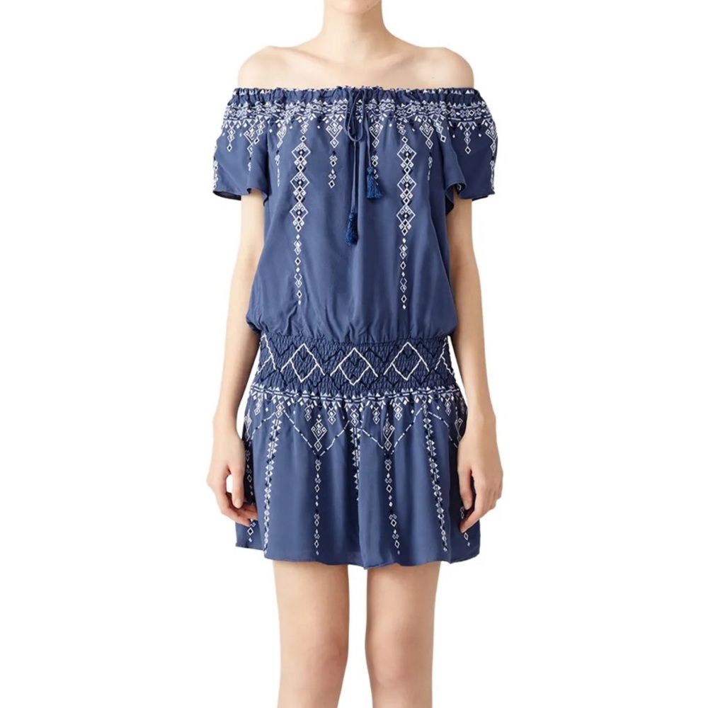 Parker Tammy Blue Rayon Embroidered Off-Shoulder Dress S